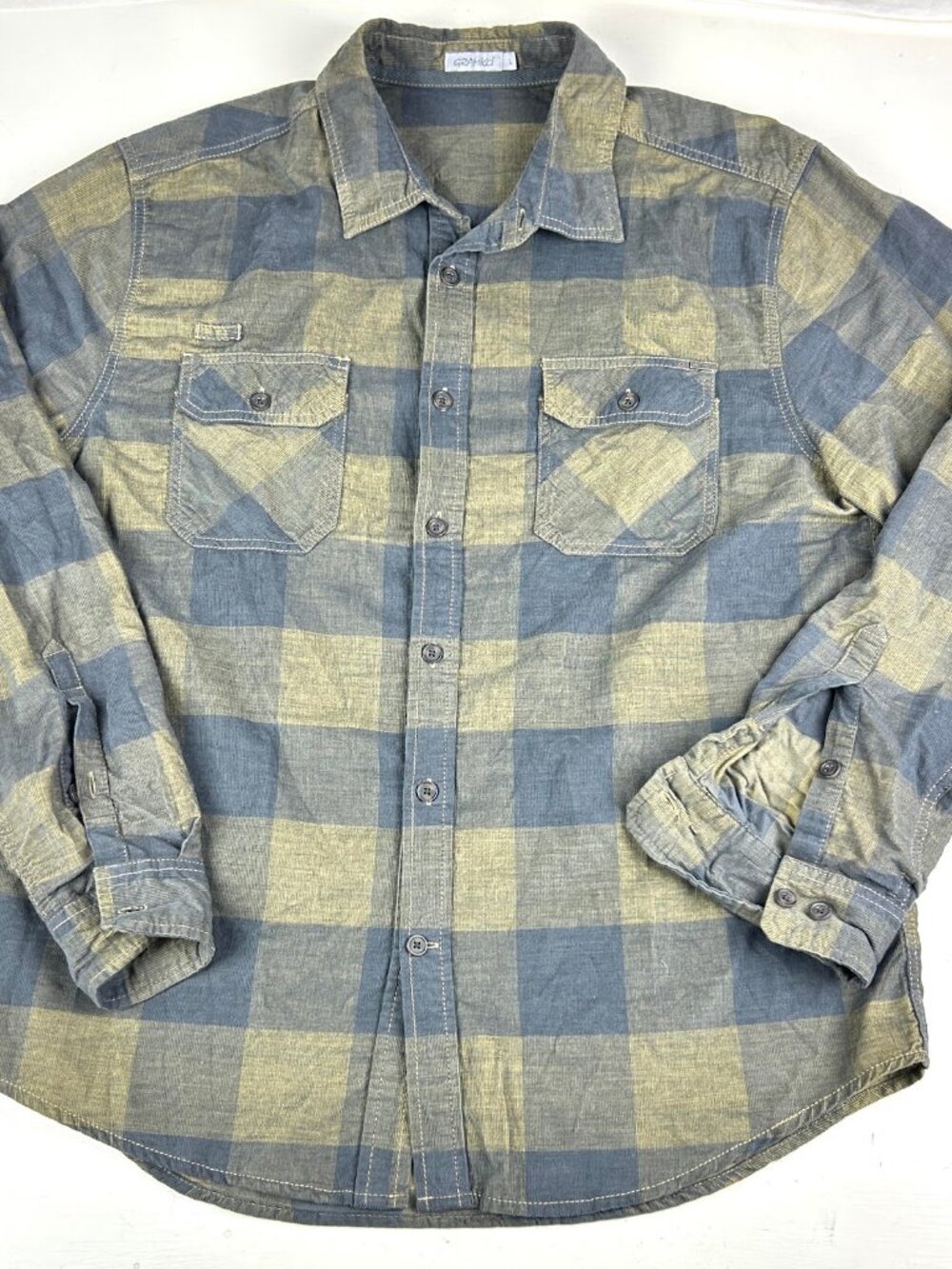 Gramicci Flannel Shirt Mens L Blue Olive Buffalo Check Plaid Organic Cotton